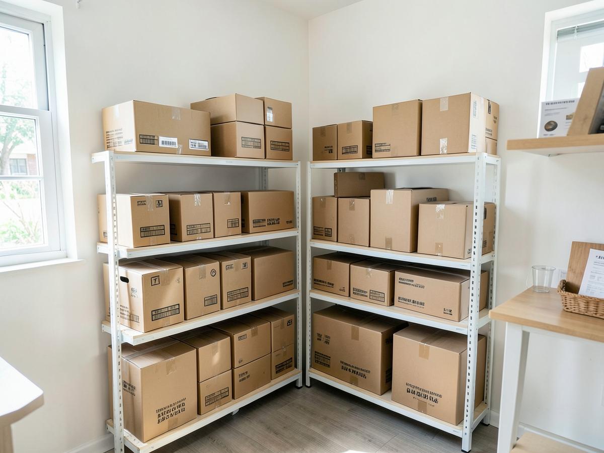 Prateleiras organizadas com pacotes em um espaço de 4 m²
